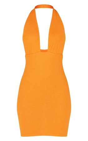 Orange Halterneck Plunge Rib Bodycon Dress | PrettyLittleThing USA