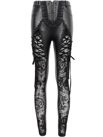 Devil Fashion Black Sexy Gothic Hollow Out Lace Long Synthetic Leather Pants for Women - DarkinCloset.com