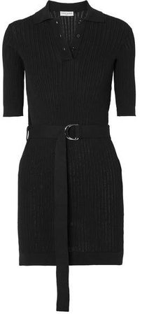 Belted Ribbed Cotton-blend Mini Dress - Black