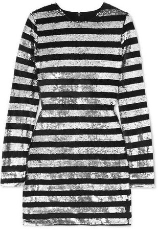 Crystal Striped Sequined Velvet Mini Dress - Silver