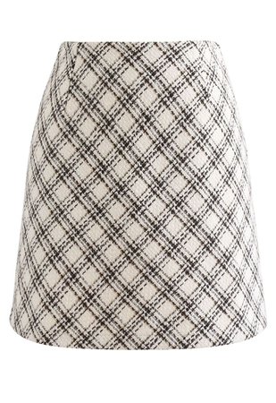 Plaid Pattern Tweed Mini Bud Skirt in Ivory - Retro, Indie and Unique Fashion