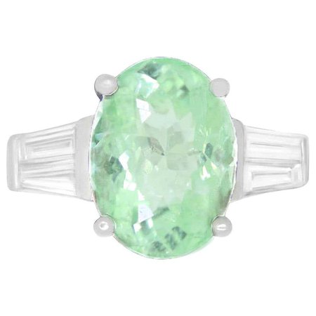 Oval Green Paraiba Tourmaline Elongated Baguette Diamond Ring 14K White Gold For Sale at 1stDibs