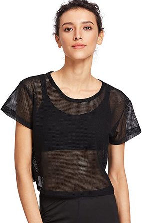 SweatyRocks Women's Sexy Sheer Mesh Fishnet Net Short Sleeve Color Block T-Shirt Top Black L at Amazon Women’s Clothing store