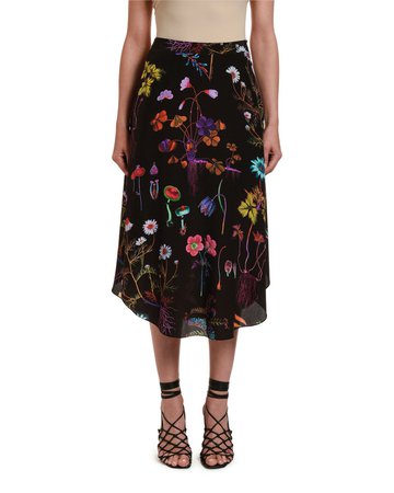 Stella McCartney Dark Floral-Print Silk Midi Skirt | Neiman Marcus