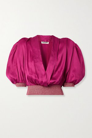 Magenta Wrap-effect metallic stretch knit-trimmed satin blouse | AVAVAV | NET-A-PORTER