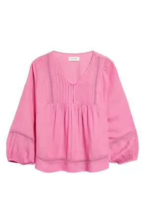 Lucky Brand Pintuck & Embroidery Cotton Blend Peasant Blouse | Nordstrom