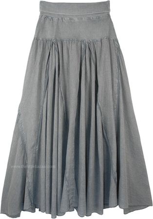 Stonewashed Steel Gray Cotton Vertical Patchwork Maxi Skirt | Grey | Patchwork, Stonewash, Misses, Maxi-Skirt, Yoga, Vacation, Beach, Gift, Solid
