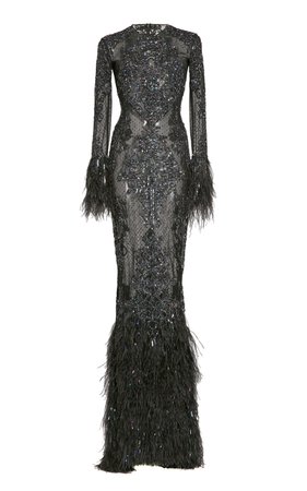 Beaded And Feather-Trimmed Silk Gown by Zuhair Murad | Moda Operandi