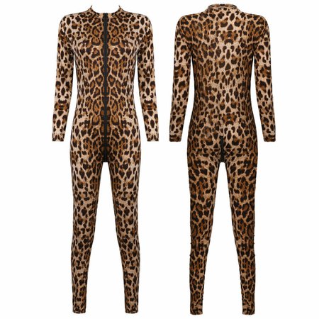 Details about Sexy Women Leopard Print Jumpsuit Clubwear Catsuit Bodysuit Zipper Long Sleeve