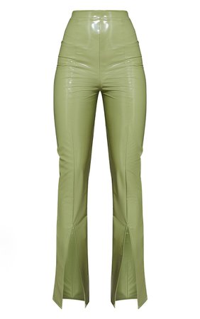 Sage Green Vinyl Seam Detail Split Hem Trousers | PrettyLittleThing USA