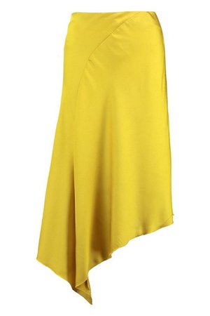 Asymetric Satin Slip Midi Skirt | boohoo yellow