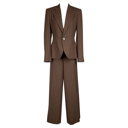 RALPH LAUREN Collection Size 10 Brown and Cream Pinstripe Virgin Wool Suit For Sale at 1stDibs