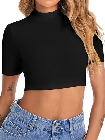 Verdusa Women's Basic Mock Neck Crop Tops Short Sleeve Slim Fit Tee Shirts Black M at Amazon Women’s Clothing store
