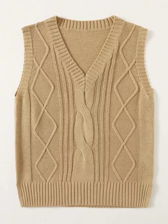 V Neck Cable Knit Sweater Vest | SHEIN USA nude