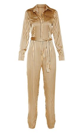 Tall Cream Stripe Pocket Long Sleeve Jumpsuit | PrettyLittleThing