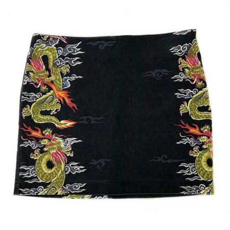 90s Y2k Vintage Black Chinese Dragon Rave Stretch Goth Mini Skirt Medium | Nothing On TV