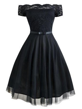 Black 1950s Belted Off Shoulder Lace Dress - Retro Stage - Chic Vintage Dresses and Accessories