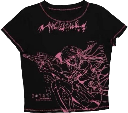 black t-shirt with pink anime graphic