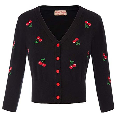 Belle Poque Women's 3/4 Sleeve V-Neck Button Down Cherries Embroidery Cropped Cardigan Sweater Coat at Amazon Women’s Clothing store: