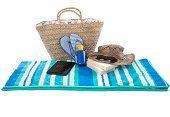 Summer Bag Hat And Sunglasses Stock Photo & More Pictures of Suntan Lotion - iStock