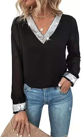 Verdusa Women's Contrast Mesh Long Sleeve V Neck Sequin Blouse Shirt Top at Amazon Women’s Clothing store