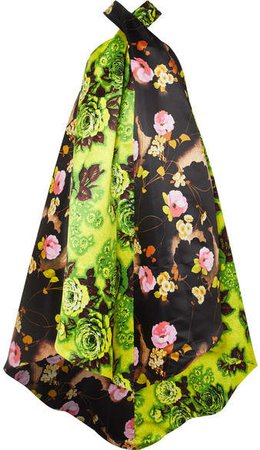 Richard Quinn - Asymmetric Floral-print Satin Halterneck Midi Dress - Bright green