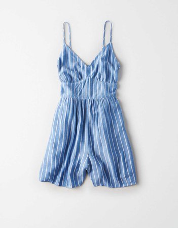 AE Stripe Tie Front Romper, Blue | American Eagle Outfitters