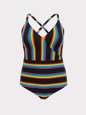 Plus Size - Black Rainbow Stripe Wireless One-Piece Swimsuit - Torrid