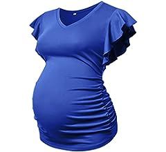 MOMOOD Stylish Maternity Pregnancy V Neck Fly Short Sleeve Stylish T Shirt Pregnant Side Ruched Top Shirt Yellow L at Amazon Women’s Clothing store