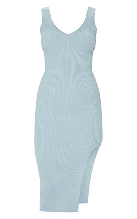 Baby Blue V Neck Side Split Knitted Midi Dress | PrettyLittleThing