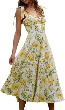 Women’s Puff Sleeve Split Maxi Dress Floral Square Neck Dress Bodycon Boho Ruffle Dress Y2k Backless Beach Sundress at Amazon Women’s Clothing store