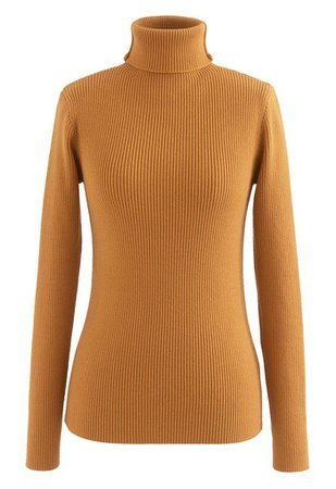Turtleneck Long Sleeve Ribbed Knit Top in Pumpkin - Retro, Indie and Unique Fashion
