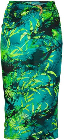 Jungle-print gathered-waist fitted skirt
