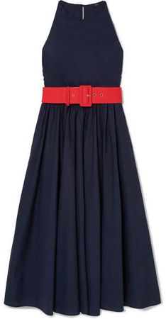 Corinna Belted Cotton-poplin Midi Dress - Navy