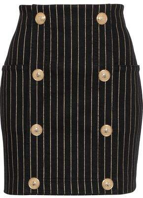 Button-embellished Metallic Pinstriped Denim Mini Skirt