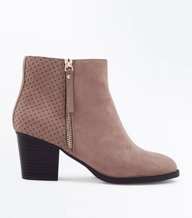 Wide Fit Brown Suedette Laser Cut Ankle Boots | New Look