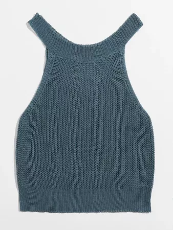 Halterneck Solid Knit Top | SHEIN USA blue