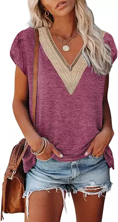 ETCYY Summer Tops for Women 2023 Tendy Crochet Lace V-Neck T-Shirts Short Sleeve Loose Fit Tunic Tank Tops Pure Purple at Amazon Women’s Clothing store