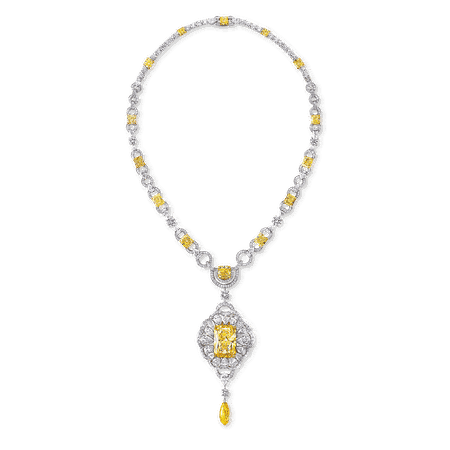 Yellow and White Diamond Necklace, featuring a 32.11 carat Fancy Yellow radiant cut diamond | Graff
