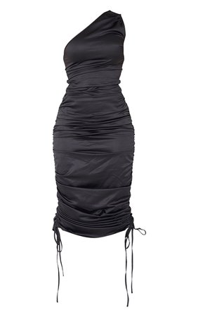Black One Shoulder Ruched Satin Midi Dress | PrettyLittleThing USA
