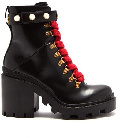 Lace Up Leather Ankle Boots - Womens - Black