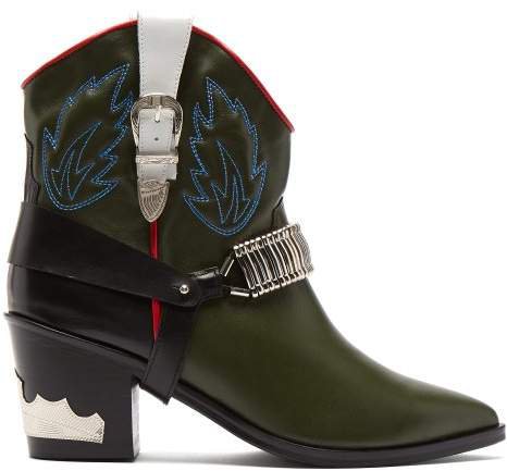 Buckle Harness Leather Cowboy Boots - Womens - Khaki Multi