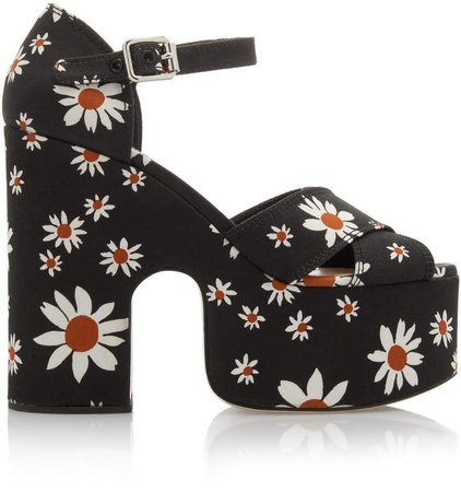 Floral-Print Gabardine Platform Sandals