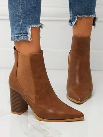 Minimalist Point Toe Chunky Heeled Slip-On Chelsea Boots, Brown Elegant Solid Color Chelsea Boots | SHEIN