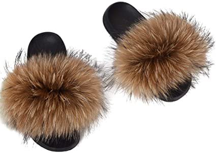 MAGIMODAC Faux Fur Slider Fluffy Slippers Women Open Toe Anti Slip Flat Shoes Sandals for Indoor Outdoor (Tag Size UK5.5-6.5=EUR 38-39: 260MM, Brown): Amazon.co.uk: Shoes & Bags