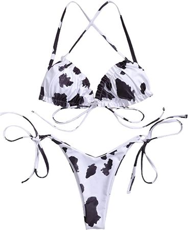 Amazon.com: Remidoo Women's Cow Print Ruffle High Waist Tie Thong Bikini Set Two Piece Swimsuit White Leopard Small : Clothing, Shoes & Jewelry
