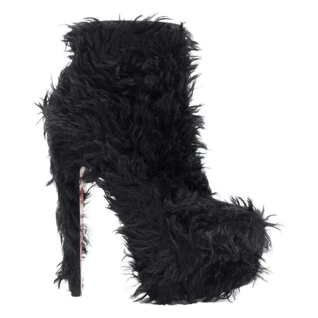 CHRISTIAN LOUBOUTIN black shaggy faux fur fluffy platform heel ankle boot EU36 For Sale at 1stDibs
