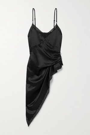 Asymmetric Draped Lace-trimmed Silk-charmeuse Camisole - Black