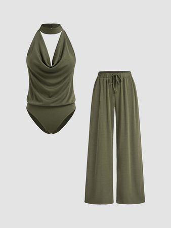 Jersey Cowl Neck Halter Bodysuit & Solid Knotted Trousers - Cider