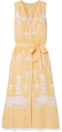 Alexia Belted Crochet-trimmed Linen Dress - Yellow